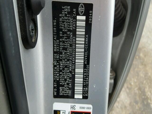 4T1BE46K99U280383 - 2009 TOYOTA CAMRY BASE SILVER photo 10