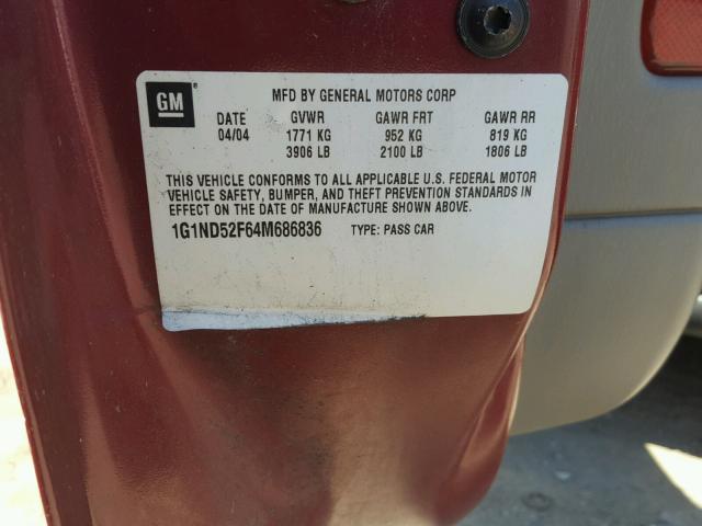 1G1ND52F64M686836 - 2004 CHEVROLET CLASSIC RED photo 10