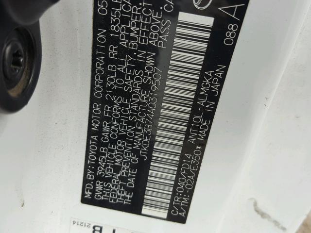 JTKDE3B74A0319507 - 2010 TOYOTA SCION TC 白色 照片 10