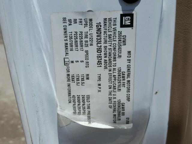 1GNDV33L76D187451 - 2006 CHEVROLET UPLANDER L 白色 照片 10