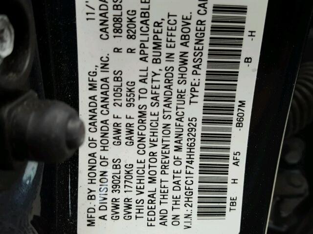 2HGFC1F74HH632925 - 2017 HONDA CIVIC EXL BLUE photo 10