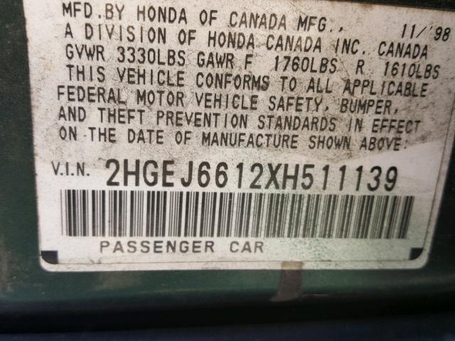 2HGEJ6612XH511139 - 1999 HONDA CIVIC BASE Yaşıl foto 10
