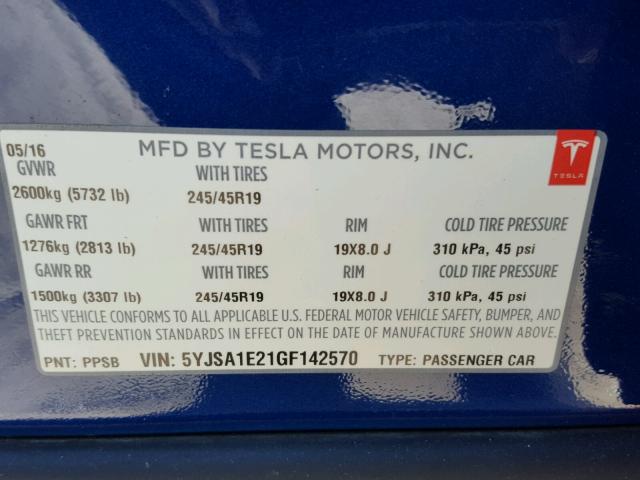 5YJSA1E21GF142570 - 2016 TESLA MODEL S BLUE photo 10