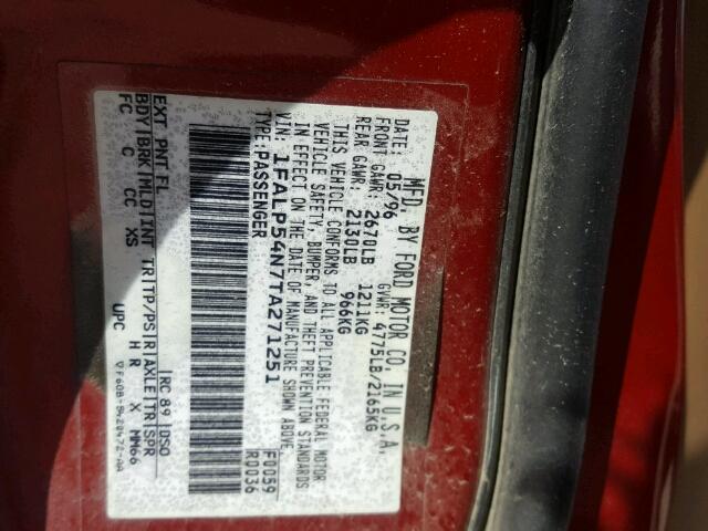 1FALP54N7TA271251 - 1996 FORD TAURUS SHO RED photo 10