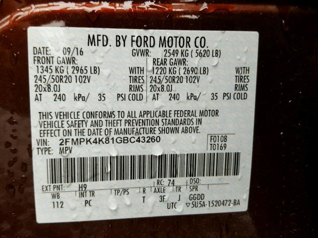 2FMPK4K81GBC43260 - 2016 FORD EDGE TITAN BURGUNDY photo 10