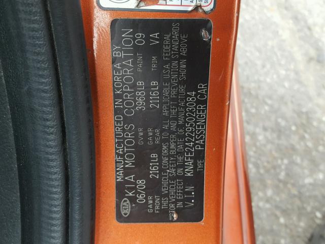 KNAFE242295023084 - 2009 KIA SPECTRA SX ORANGE photo 10