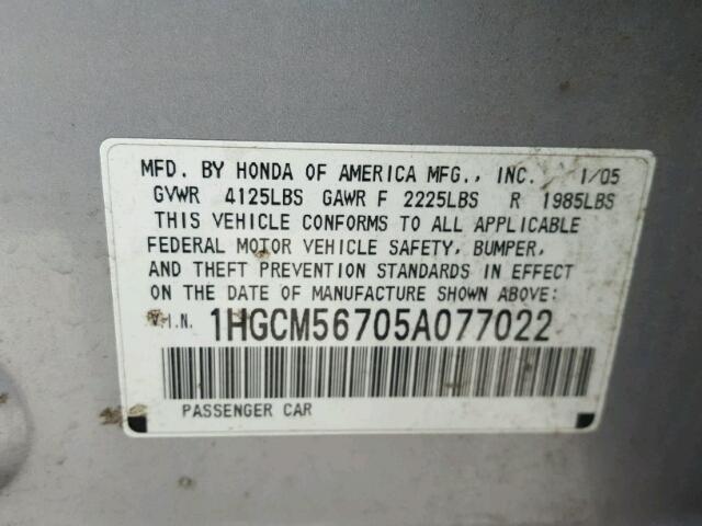 1HGCM56705A077022 - 2005 HONDA ACCORD EX SILVER photo 10