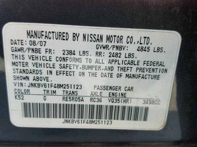 JNKBV61F48M251123 - 2008 INFINITI G35 BLACK photo 10