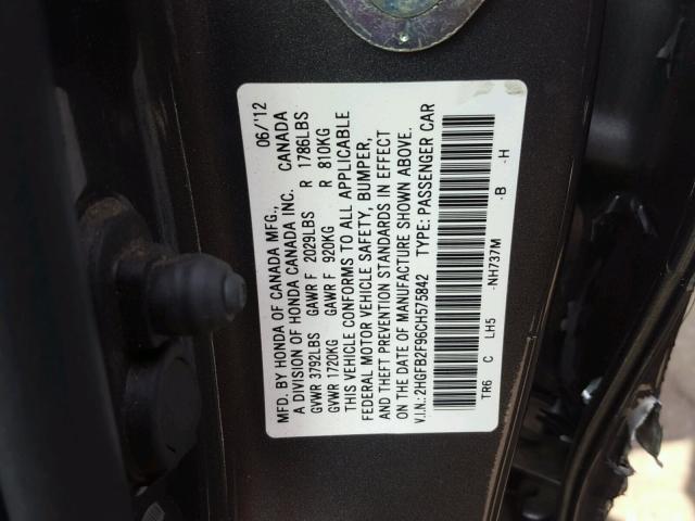 2HGFB2F96CH575842 - 2012 HONDA CIVIC EXL GRAY photo 10