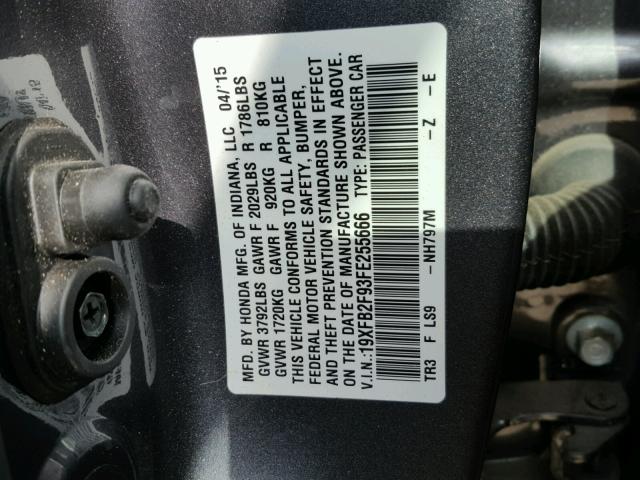 19XFB2F93FE255666 - 2015 HONDA CIVIC EXL GRAY photo 10