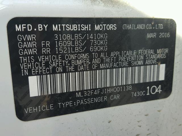 ML32F4FJ1HH001138 - 2017 MITSUBISHI MIRAGE G4 WHITE photo 10