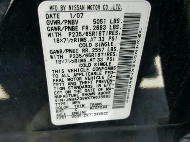 JN8AZ08WX7W638593 - 2007 NISSAN MURANO SL BLACK photo 10