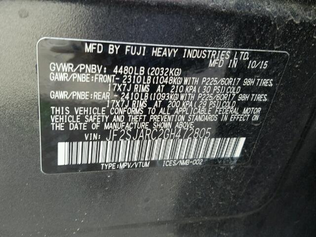 JF2SJARC2GH472805 - 2016 SUBARU FORESTER 2 GRAY photo 10