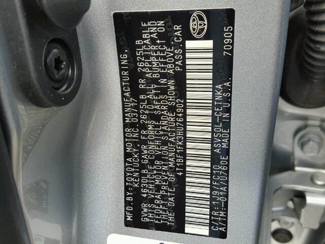 4T1BF1FK3HU764902 - 2017 TOYOTA CAMRY LE GRAY photo 10