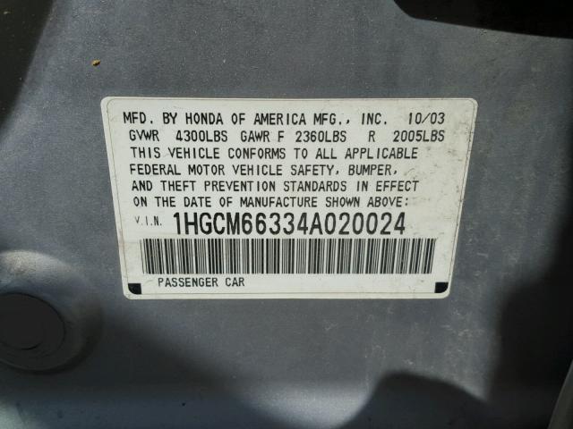 1HGCM66334A020024 - 2004 HONDA ACCORD LX SILVER photo 10