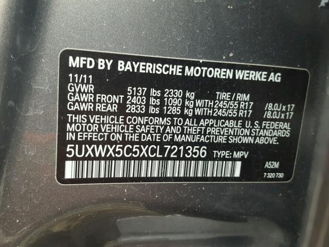 5UXWX5C5XCL721356 - 2012 BMW X3 XDRIVE2 ნაცრისფერი ფოტო 10