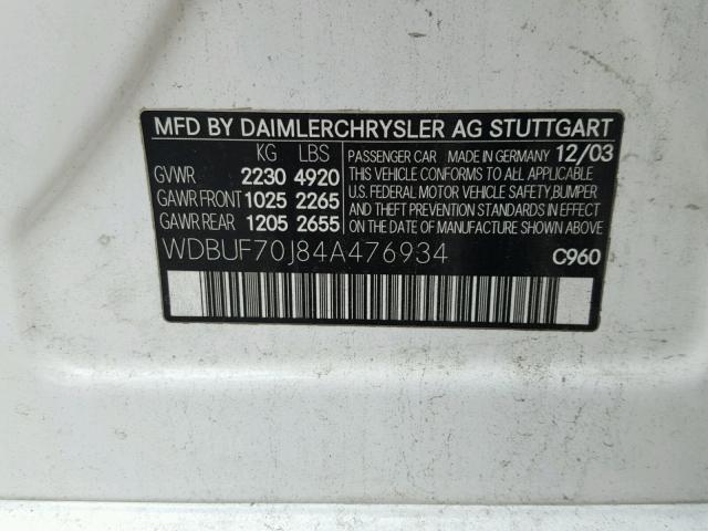 WDBUF70J84A476934 - 2004 MERCEDES-BENZ E 500 WHITE photo 10