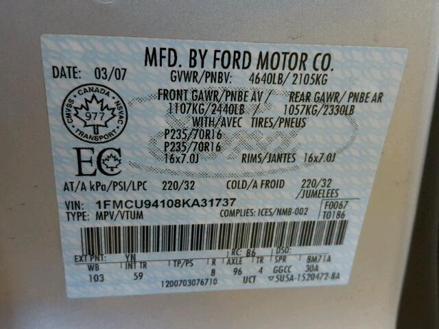 1FMCU94108KA31737 - 2008 FORD ESCAPE LIM SILVER photo 10