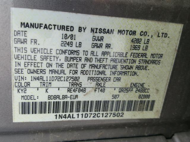 1N4AL11D72C127502 - 2002 NISSAN ALTIMA BAS TAN photo 10