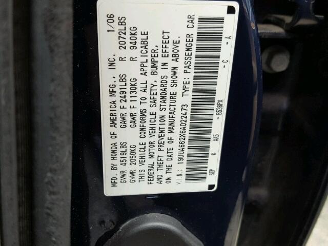 19UUA662X6A022473 - 2006 ACURA 3.2TL BLUE photo 10