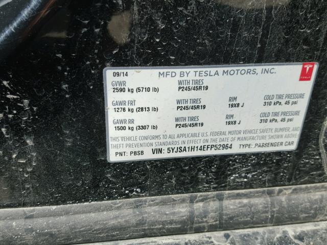 5YJSA1H14EFP52964 - 2014 TESLA MODEL S BLACK photo 10