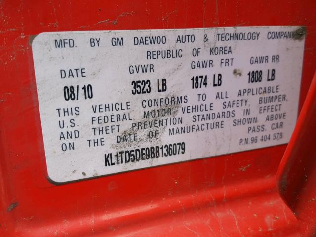 KL1TD5DE0BB136079 - 2011 CHEVROLET AVEO LS RED photo 10