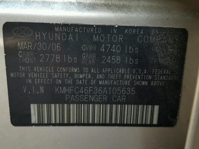 KMHFC46F36A105635 - 2006 HYUNDAI AZERA SE GOLD photo 10