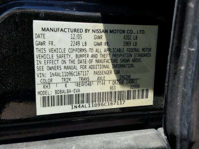 1N4AL11D96C167117 - 2006 NISSAN ALTIMA S/S BLACK photo 10