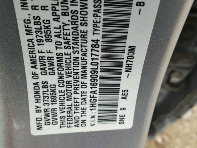 1HGFA16909L017784 - 2009 HONDA CIVIC EXL GRAY photo 10