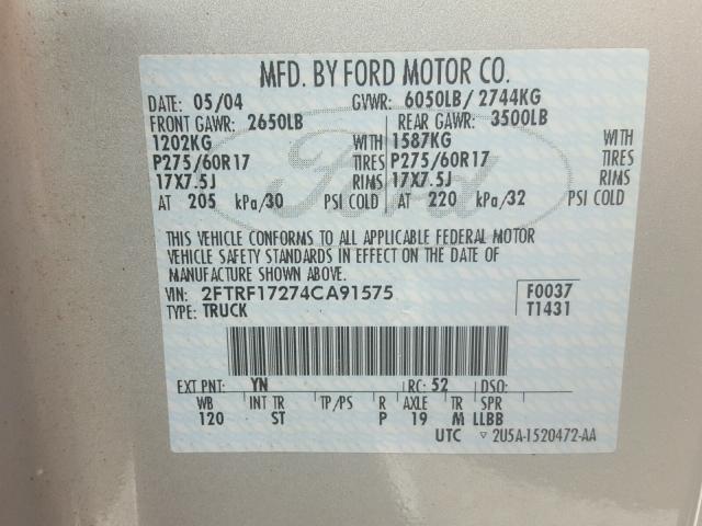 2FTRF17274CA91575 - 2004 FORD F-150 HERI SILVER photo 10