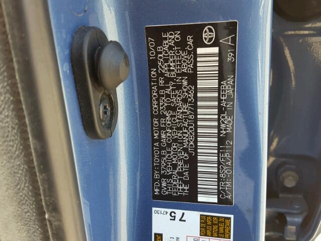 JTDKB20U187713462 - 2008 TOYOTA PRIUS BLUE photo 10