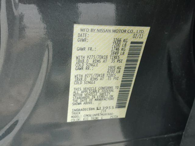 1N6BA0EC8BN313955 - 2011 NISSAN TITAN S GRAY photo 10