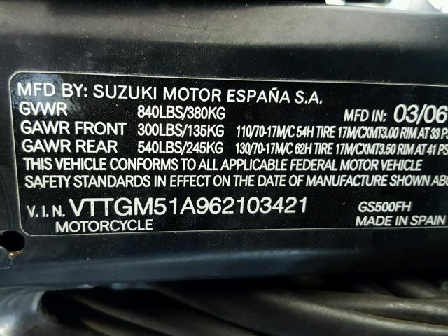 VTTGM51A962103421 - 2006 SUZUKI GS500 FK WHITE photo 10