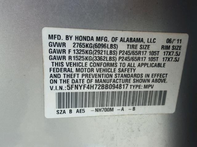 5FNYF4H72BB094817 - 2011 HONDA PILOT EXLN SILVER photo 10