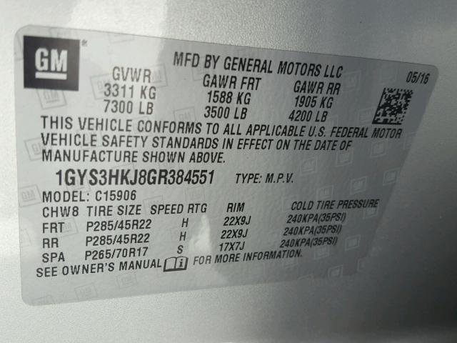 1GYS3HKJ8GR384551 - 2016 CADILLAC ESCALADE E WHITE photo 10