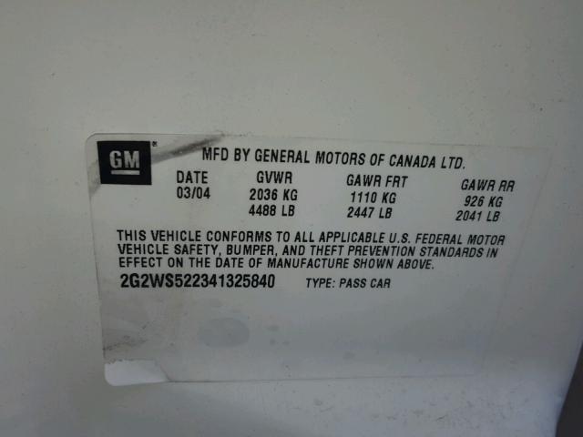 2G2WS522341325840 - 2004 PONTIAC GRAND PRIX WHITE photo 10