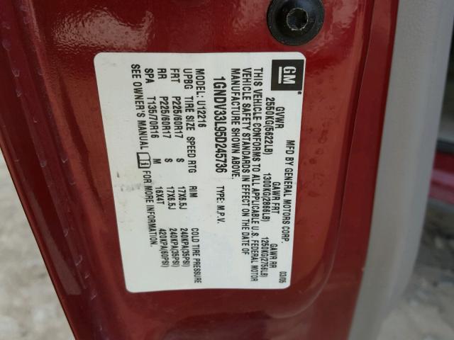 1GNDV33L95D245736 - 2005 CHEVROLET UPLANDER L 红色 照片 10