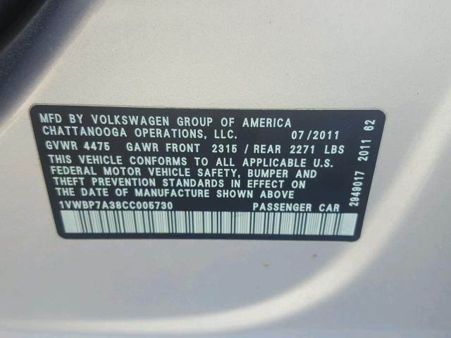 1VWBP7A38CC005730 - 2012 VOLKSWAGEN PASSAT SE SILVER photo 10