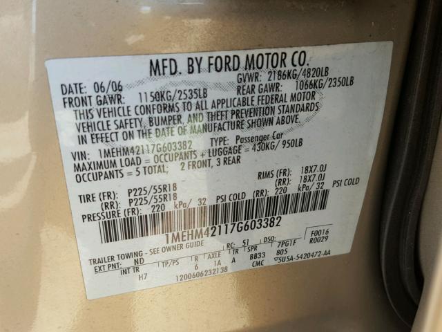 1MEHM42117G603382 - 2007 MERCURY MONTEGO PR 金色 照片 10