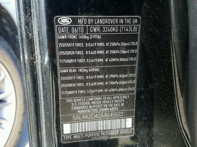 SALAK2D43AA545623 - 2010 LAND ROVER LR4 HSE LU BLACK photo 10