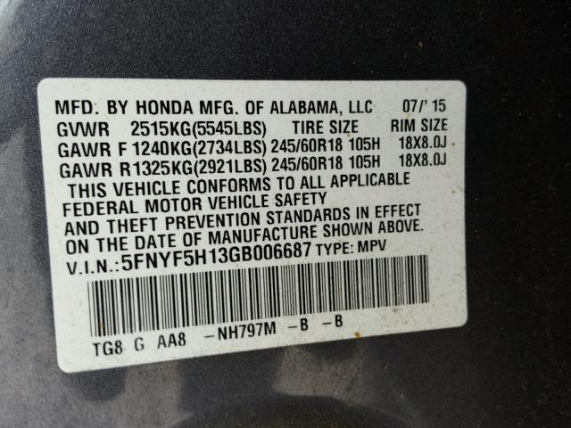 5FNYF5H13GB006687 - 2016 HONDA PILOT LX GRAY photo 10