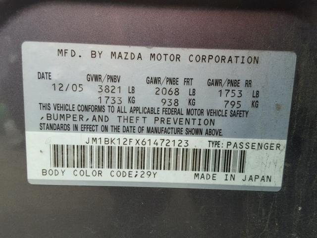 JM1BK12FX61472123 - 2006 MAZDA 3 I GRAY photo 10