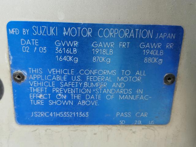 JS2RC41H535211363 - 2003 SUZUKI AERIO SX SILVER photo 10