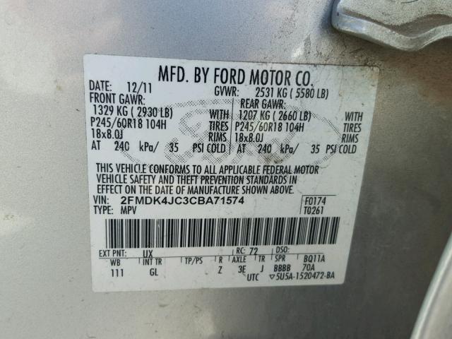 2FMDK4JC3CBA71574 - 2012 FORD EDGE SEL SILVER photo 10