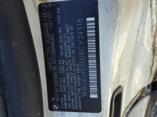 WBSEH93508CY24318 - 2008 BMW M6 WHITE photo 10