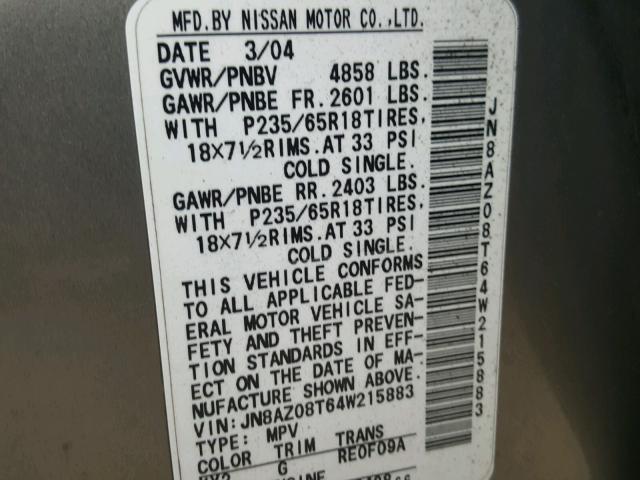 JN8AZ08T64W215883 - 2004 NISSAN MURANO SL BROWN photo 10