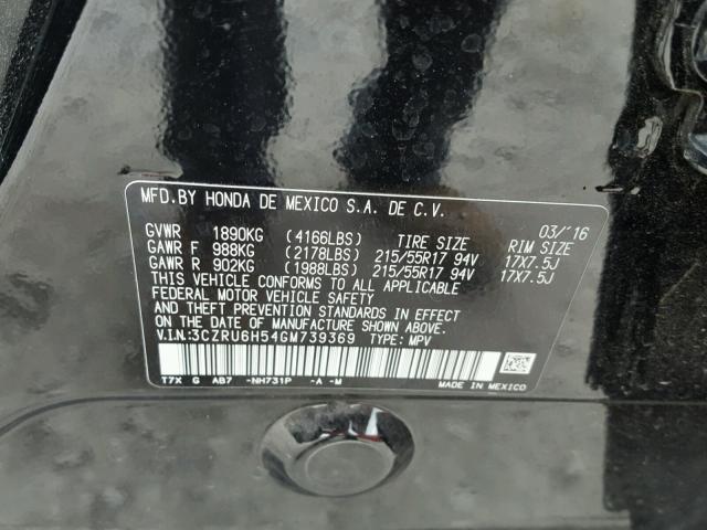 3CZRU6H54GM739369 - 2016 HONDA HR-V EX BLACK photo 10