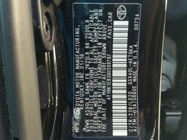 4T1BK1EB3GU209797 - 2016 TOYOTA AVALON XLE BLACK photo 10