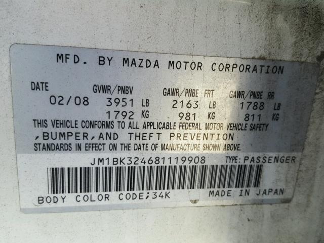 JM1BK324681119908 - 2008 MAZDA 3 S WHITE photo 10