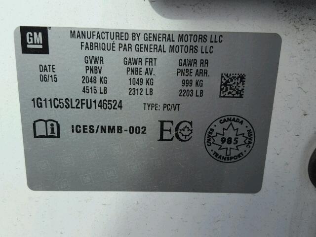 1G11C5SL2FU146524 - 2015 CHEVROLET MALIBU 1LT თეთრი ფოტო 10